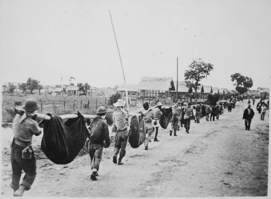 Photo of prisoners on the Bataan Death March, which began on April 9, 1945.