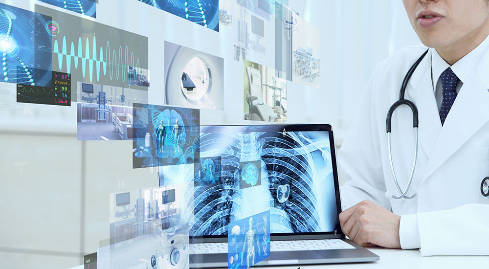Graphic image of doctor with various computer screens