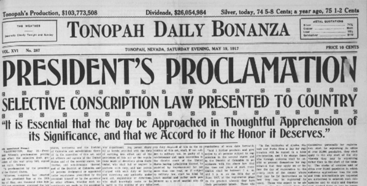 The Tonopah Daily Bonanza from May 19, 1917, highlighting President Woodrow Wilson's World War I conscription law..