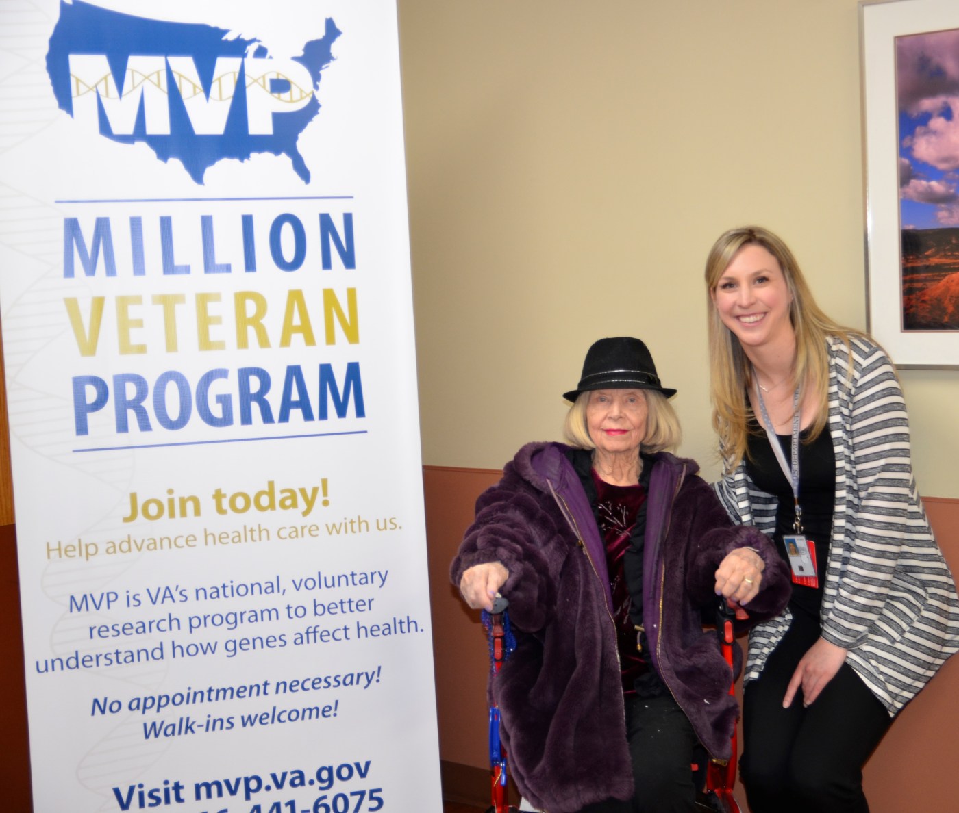 Rosalie Liotta, who served in the women’s branch of the U.S. Naval Reserve during World War II, with Kaitlyn Nelsen, the Million Veteran Program research coordinator at the New Mexico VA.
