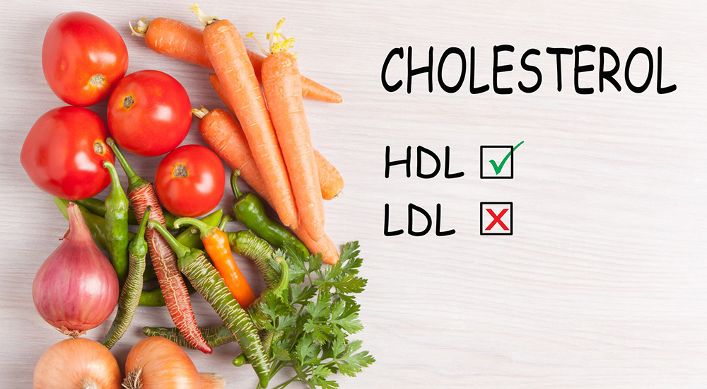 Good HDL and bad LDL cholesterol text and group vegetables. Diet, healthy lifestyle concept.