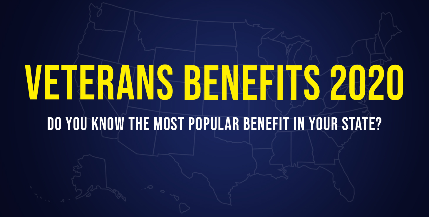 Graphic of U.S. Map outline that reads Veterans Benefits 2020, Do you know the most popular benefit in your state?