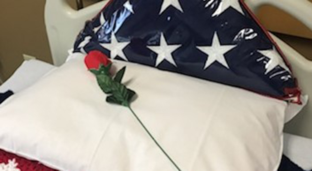 A rose on a pillow with American flag