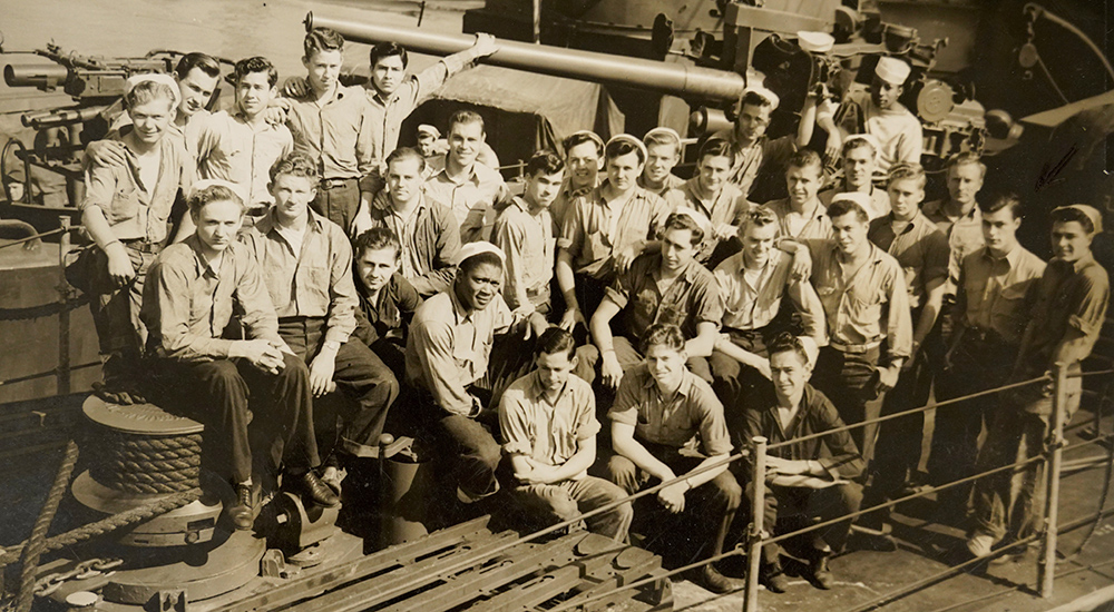 Large group of crewmen aboard US Navy ship