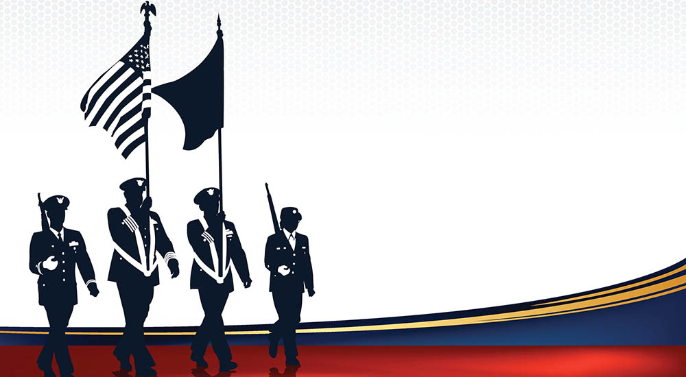 Graphic poster of four soldiers marching with flags