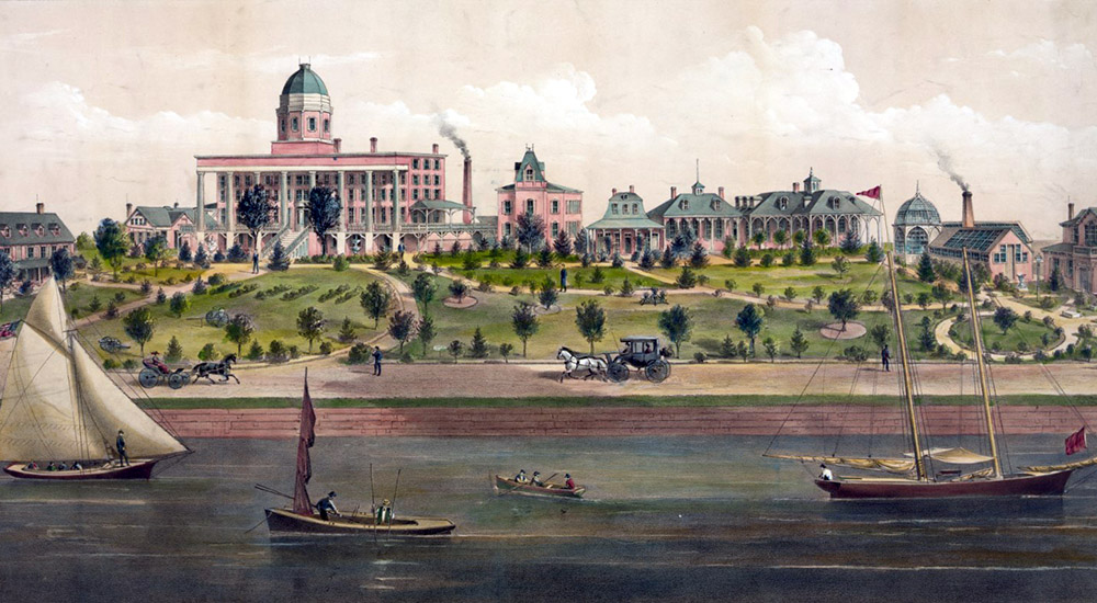 Historic painting of soldiers’ home on a river