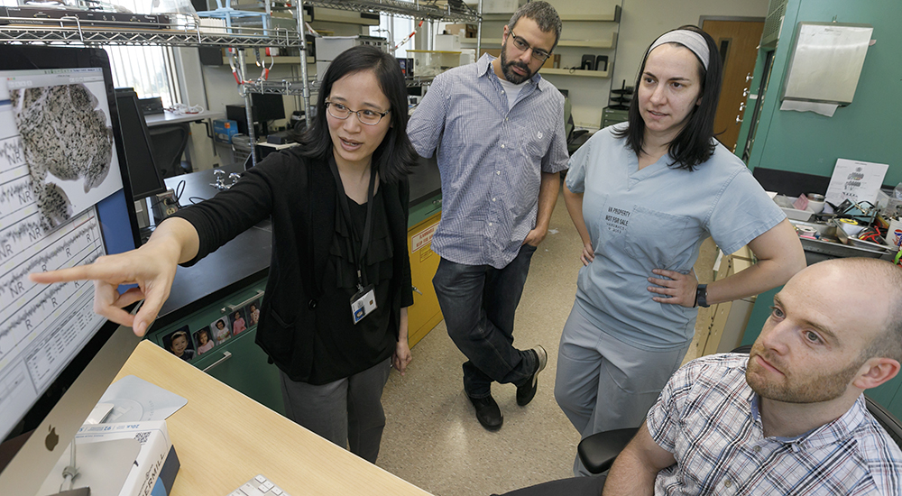 (Left to right) Dr. Miranda Lim, Nadir Balba, Carolyn Jones, Ph.D., and Jonathan Elliott, Ph.D., talk at their research lab at the Portland VA Health Care System, May 8, 2019. Lim is an assistant professor of neurology, medicine, behavioral neuroscience and occupational health sciences in the OHSU School of Medicine. She and her team research how sleep disruption during development affects spine density later in life. (OHSU/Kristyna Wentz-Graff)