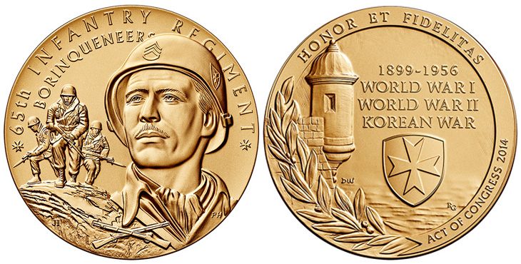 The obverse (heads side) and reverse (tails side) of the Borinqueneers Congressional Gold Medal.
