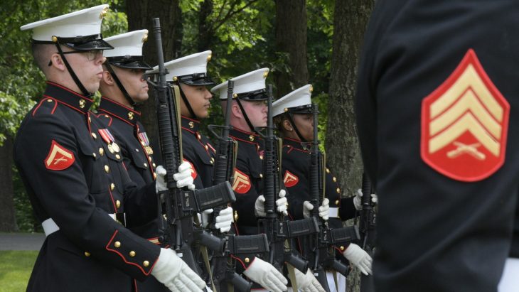 Marines from Marine Corps Base Quantico prepare for a 21-gun salute during the May 28, 2021, Memorial Day observance at Quantico National Cemetery.