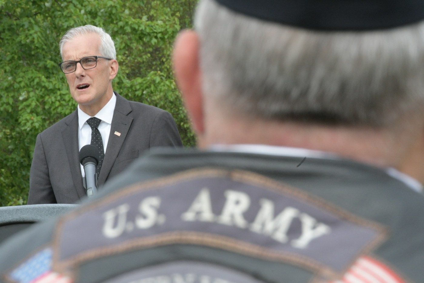 VA Secretary Denis McDonough speaks at a Memorial Day observance at Quantico National Cemetery in Virginia May 28, 2021.