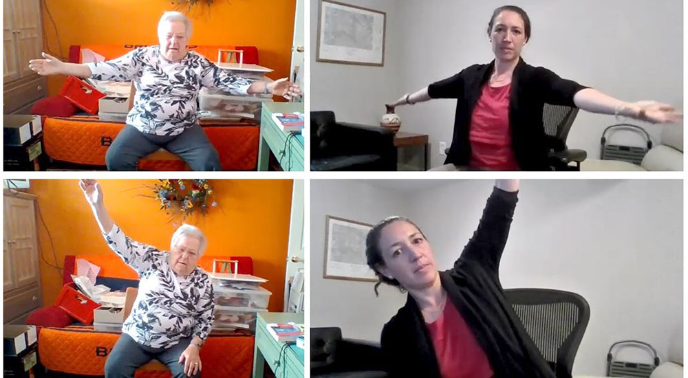 Four photos of PT coach virtually assisting elderly female at home