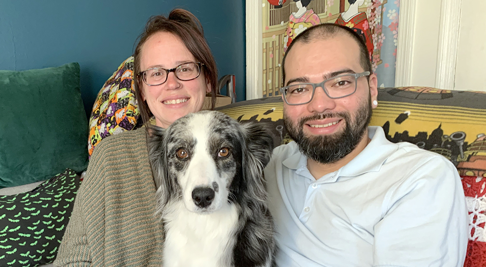 A woman and her husband and their dog, together after treatment court
