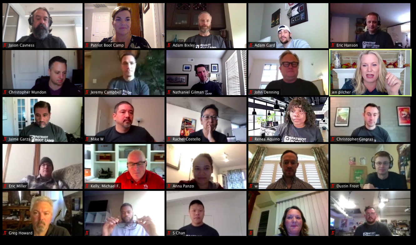 Patriot Boot Camp virtual meeting that mentors future entrepreneurial leaders meeting screen with several people online