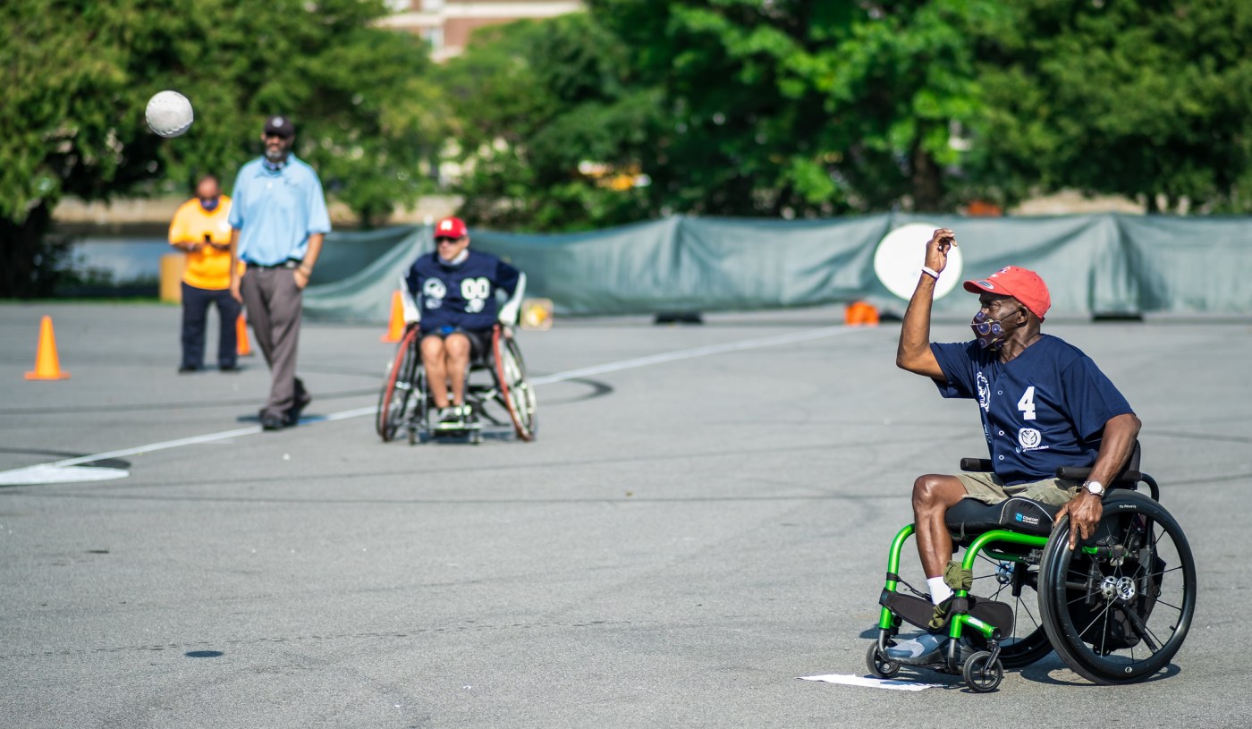 Air Force Veteran Anthony Evans of the Mets pitches during wheelchair softball competition at the 40th National Veterans Wheelchair Games.
