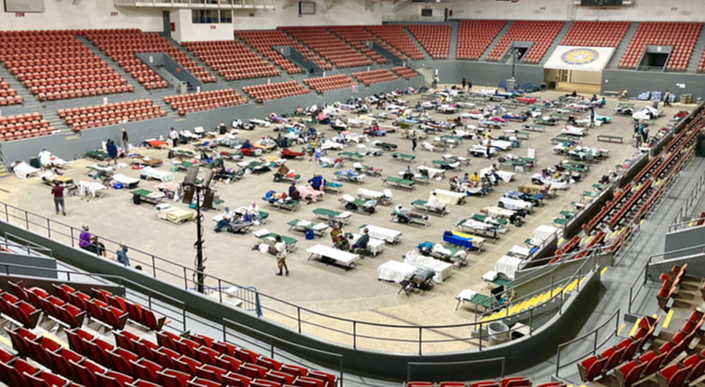 Numerous cots on floor of large Shreveport sports complex