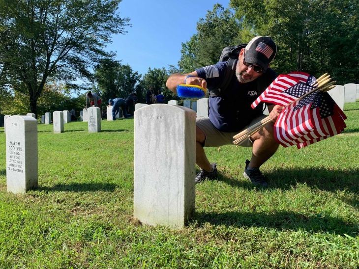 Volunteers from across the U.S. gathered in 65 VA national cemeteries for a National Day of Service Sept. 10. The cleaning efforts included thousands of volunteers cleaning tens of thousands of graves, including 47 killed Sept. 11, 2001.