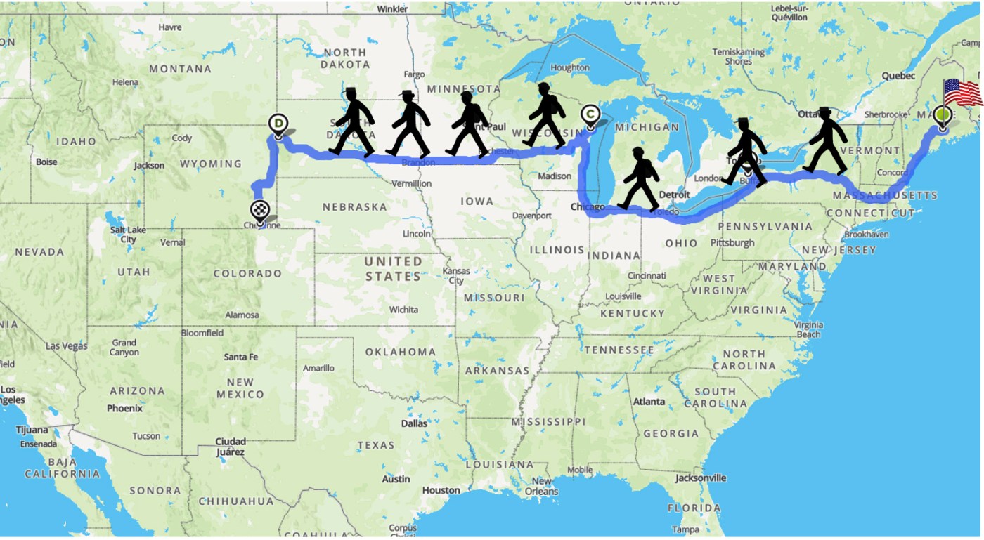 US map with figures walking across states