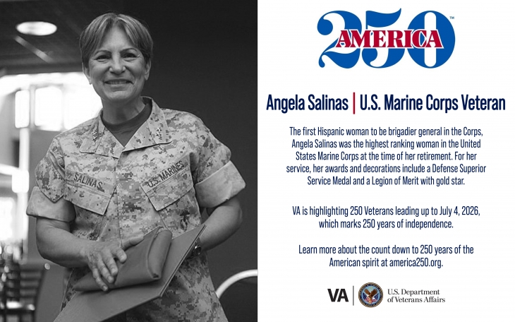 This week’s America250 salute is Marine Veteran Angela Salinas, who was the highest-ranking woman in the service at the time of her retirement.