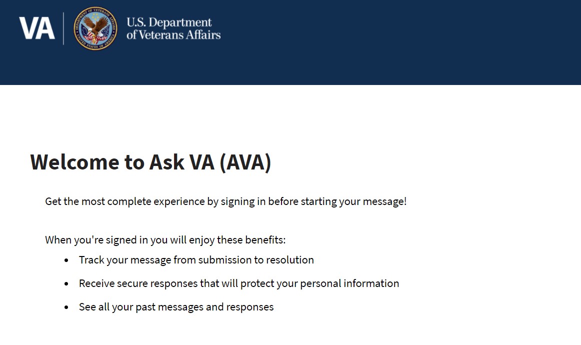 Welcome screen on Ask VA home page