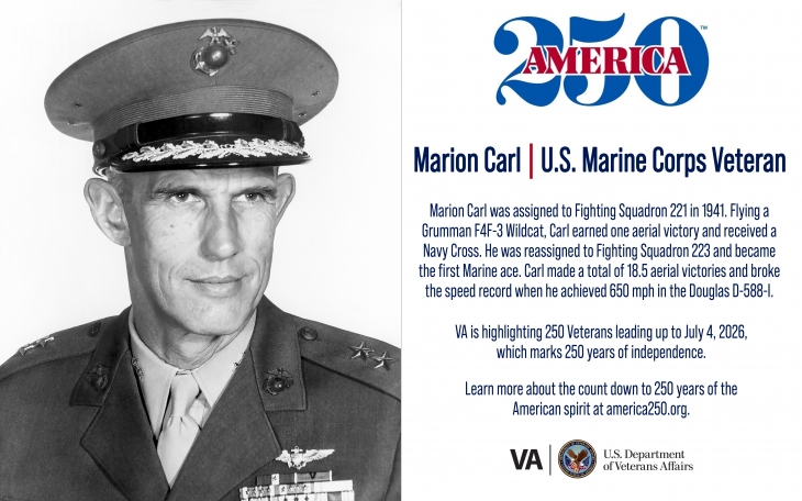 This week’s America250 salute is Marine Corps Veteran Marion Carl, who became the first Marine Corps ace in World War II.