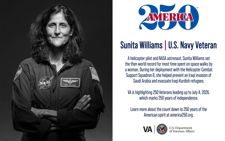 This week’s America250 salute is Navy Veteran Sunita Williams, who served as a Gulf War helicopter pilot before becoming a NASA astronaut.