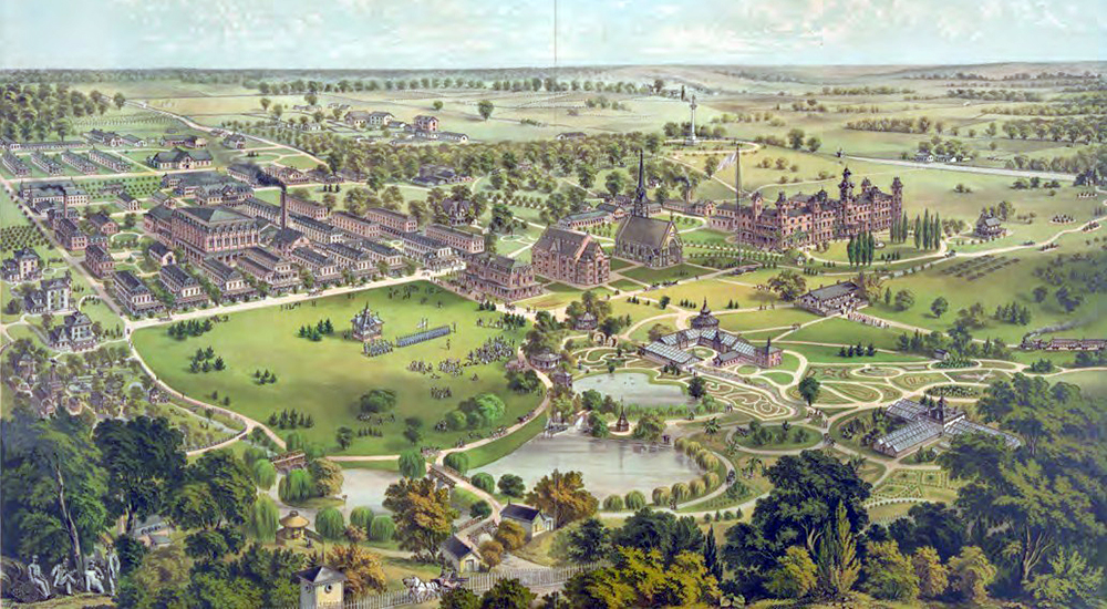 Historic painting of the grounds of a Veterans Health Administration medical facility
