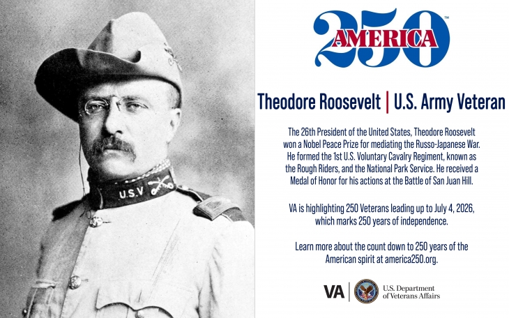 Today’s America250 salute is Army Veteran Theodore Roosevelt, a Medal of Honor and Nobel Peace Prize recipient and the 26th president.