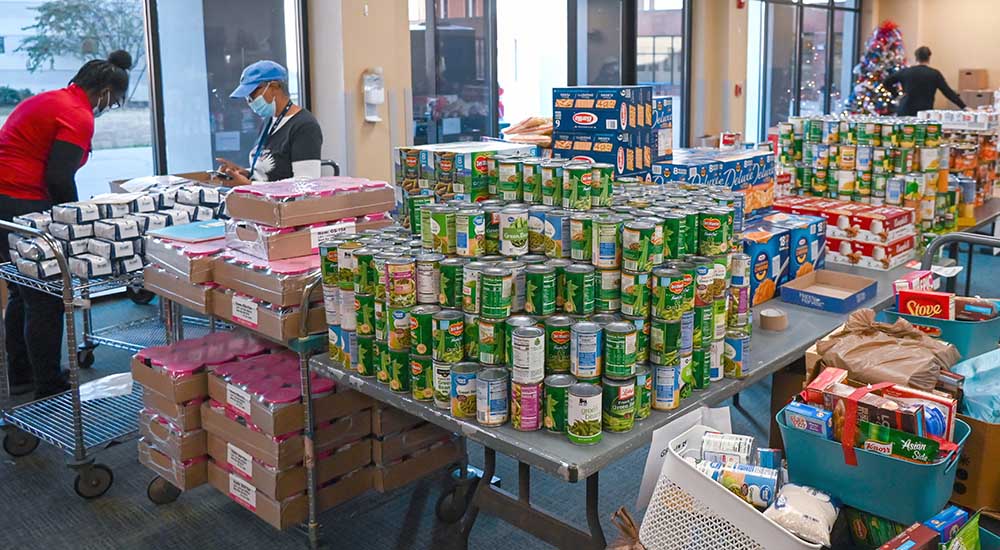 A room filled with canned food donations.