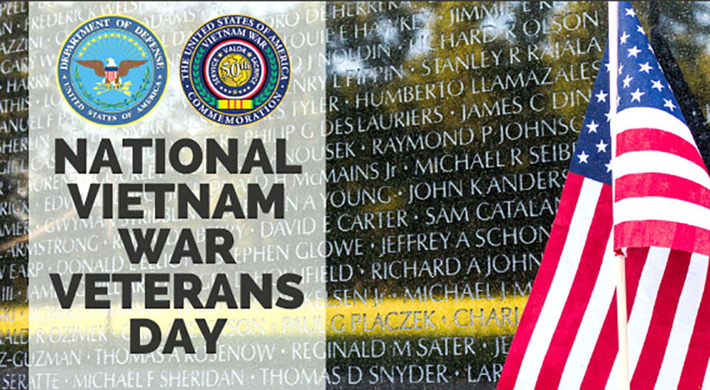 Graphic banner with the flag, the Vietnam Veterans Memorial and text