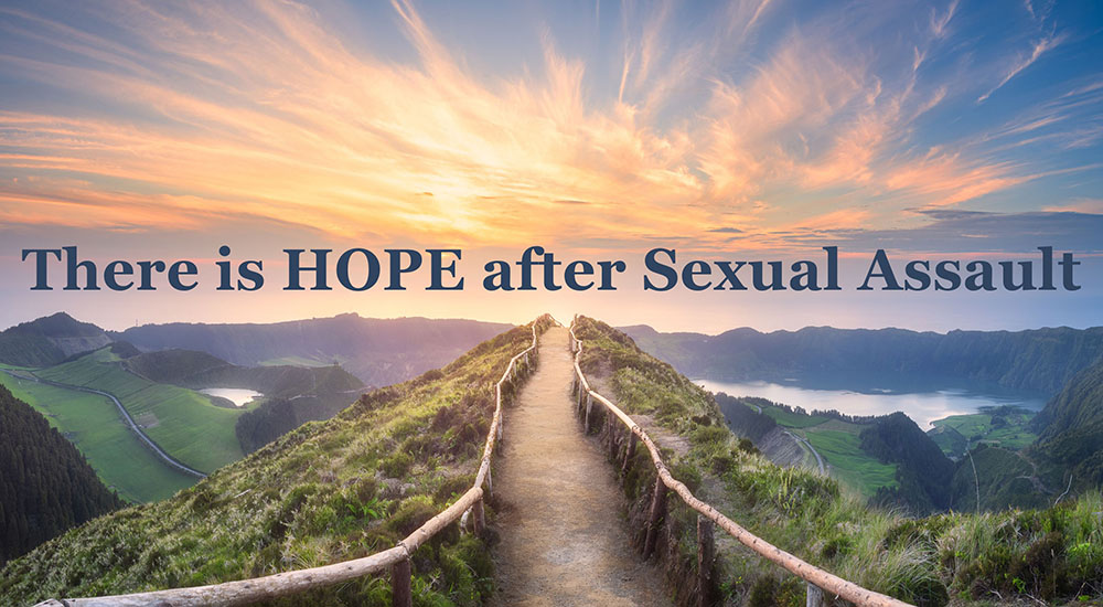 Sexual assault banner with mountain path background