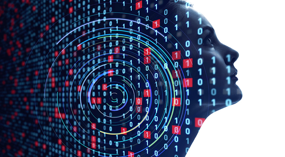 Graphic of numbers over a woman’s head, representing synthetic data