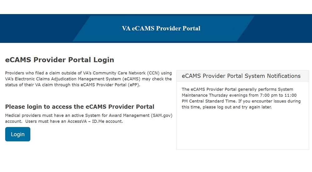 Image of VA eCAMS provider portal webpage