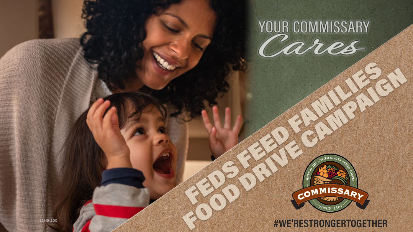 woman with child on graphic for commissary feds feed families food drive campaign