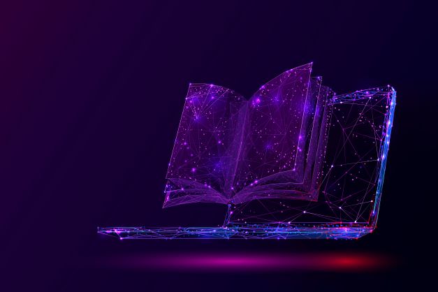 holographic laptop screen and open book for online library