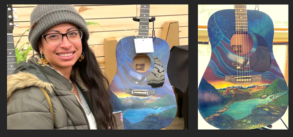 woman artist with colorfully decorated guitars