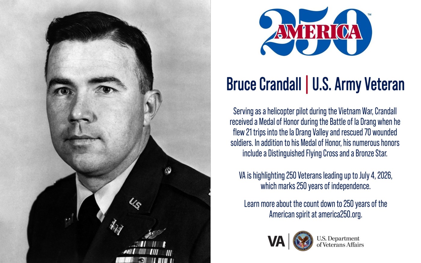 This week’s America250 salute is Army Veteran Bruce Crandall, who a helicopter pilot who rescued 70 wounded soldiers during the Battle of Ia Drang in Vietnam.