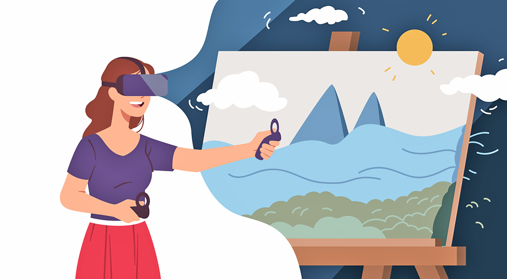 Cartoon drawing of woman using virtual reality device for creative arts therapy