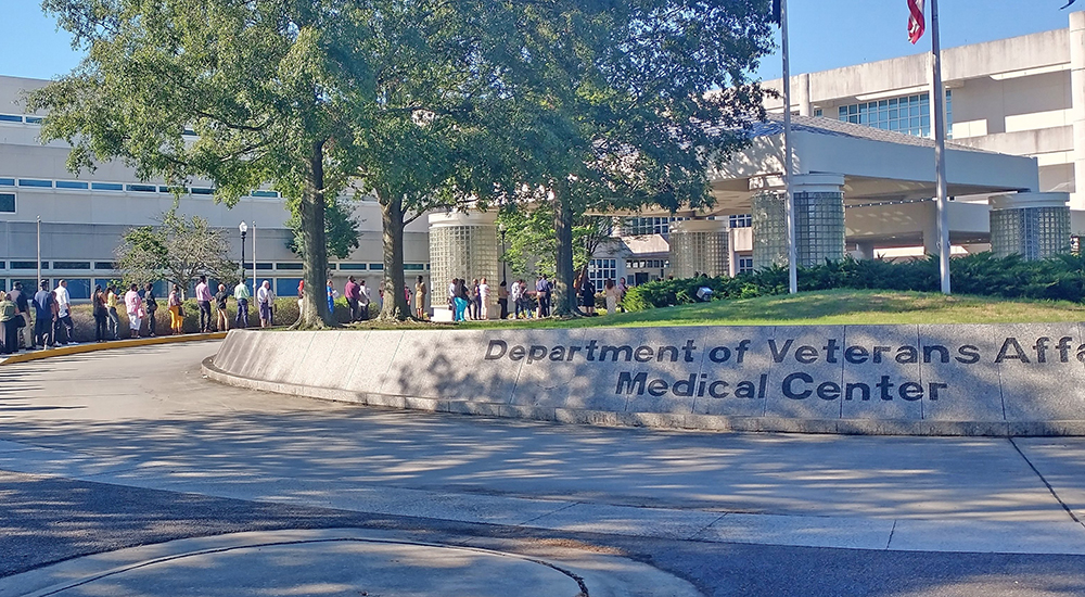 Long line of people for job fair outside Augusta VA medical center