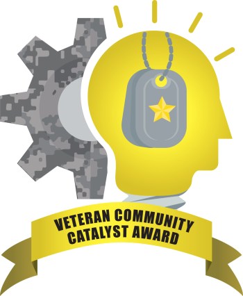 illustration of the community catalyst award logo a gear, light bulb, and dog tags