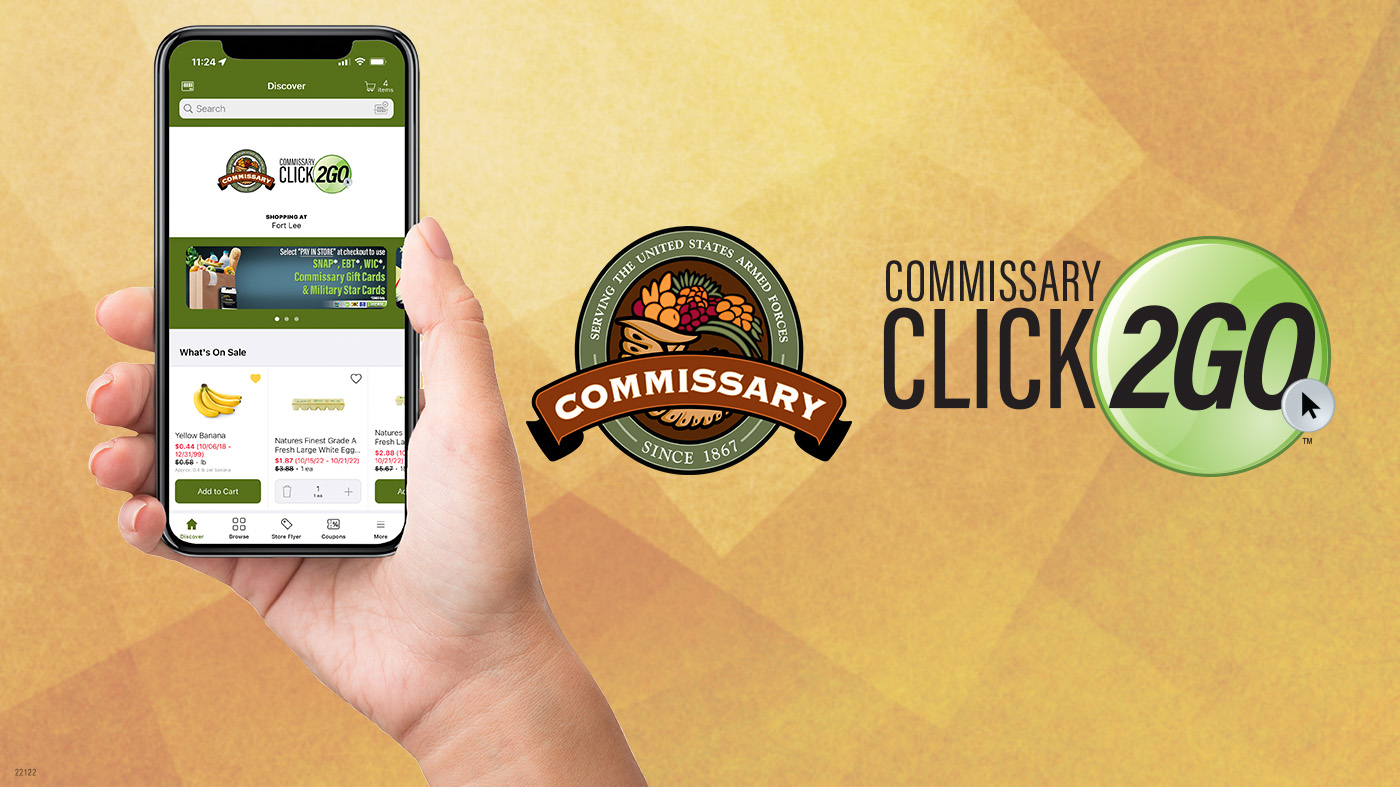 hand holding a mobile phone and title of the commissary mobile app click2go