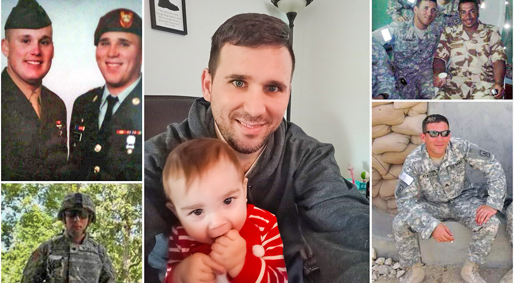 Collage of photos of Veteran in service and with son; Veteran Justice program