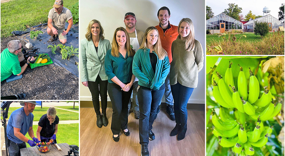 Collage of photos of staff and gardening activities; Indiana Greening Initiative