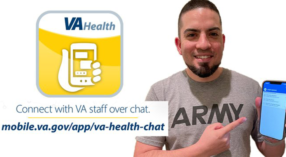 Graphic of Veteran holding phone with text; health chat