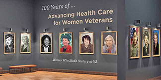 Wall with photos of women who made history at VA
