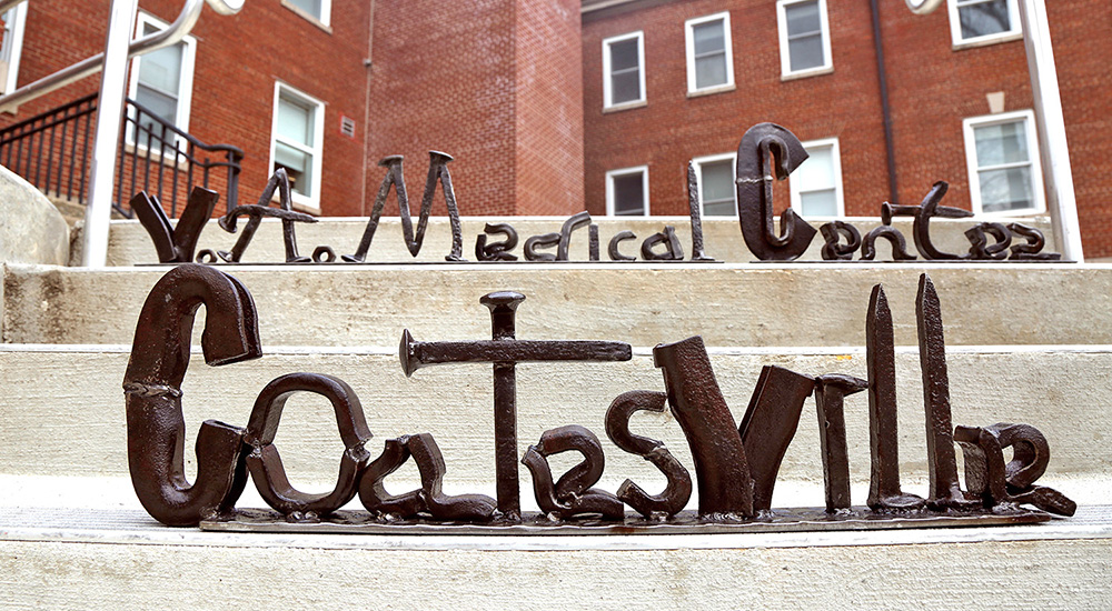 Iron sculpture on medical center steps