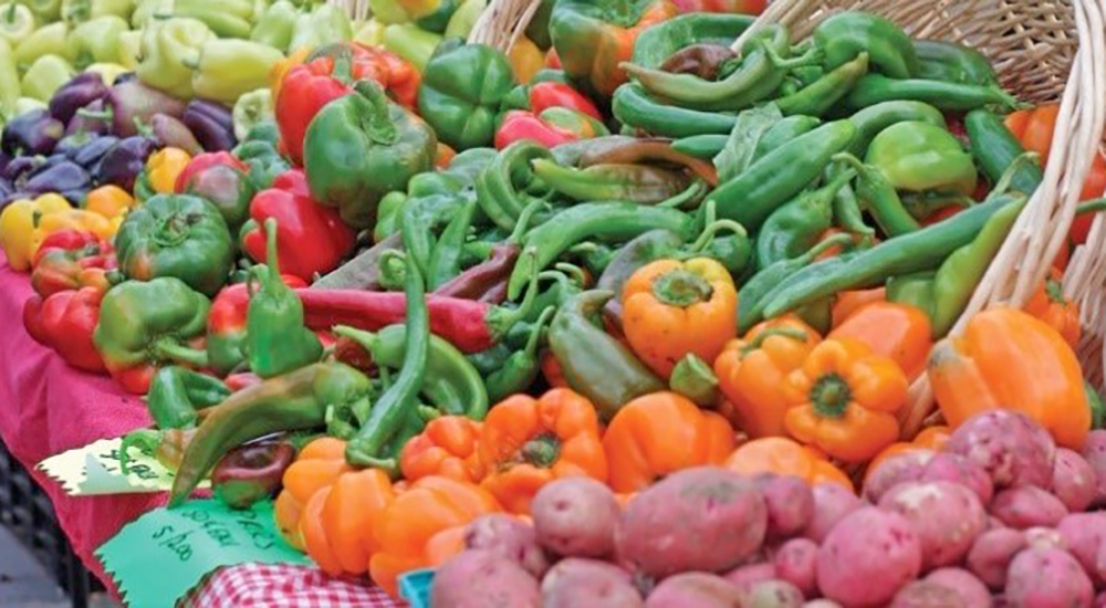 Baskets of fresh vegetables; farmers market
