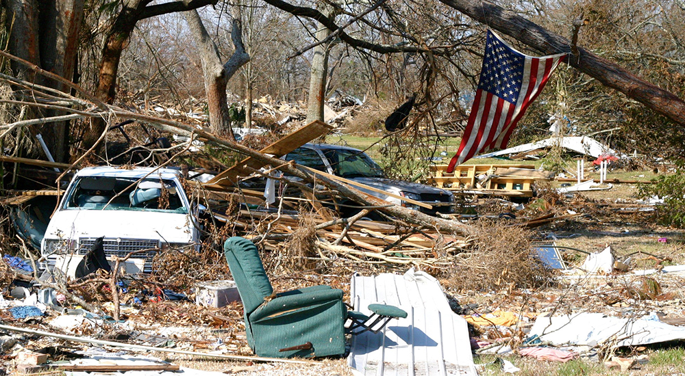 Rubble and debris after tornado