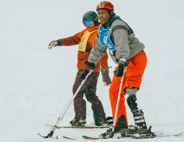 Amputee Veteran skiing
