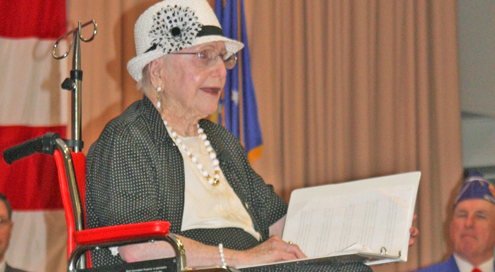 Senior female Veteran Monteleon in wheelchair; World War II; 108