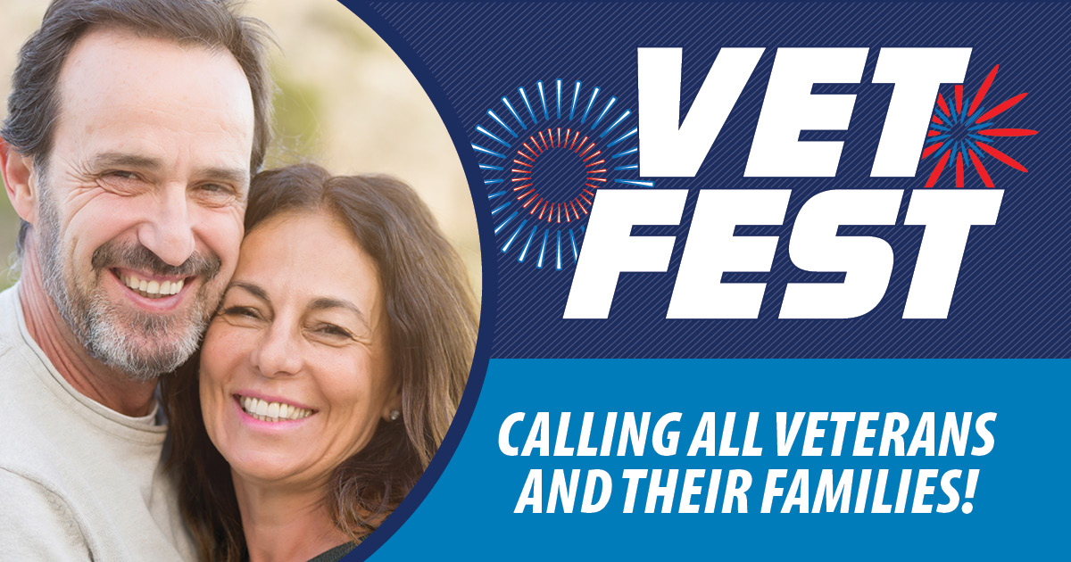 Summer VetFest Featured Image. Shows man and woman smiling and text reads, "Vetfest - calling all Veterans and their families!"